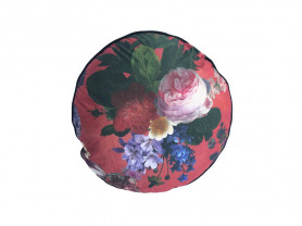 Round red cushion with flowers